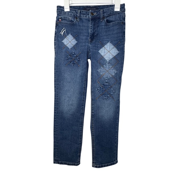 Tommy Hilfiger Denim - Tommy Hilfiger Womens Argyle Patchwork Straight Leg Jeans Medium Wash Blue Denim